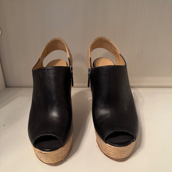 Gucci Black Leather Peep Toe Espadrille Wedge Sandals - Picture 3 of 6